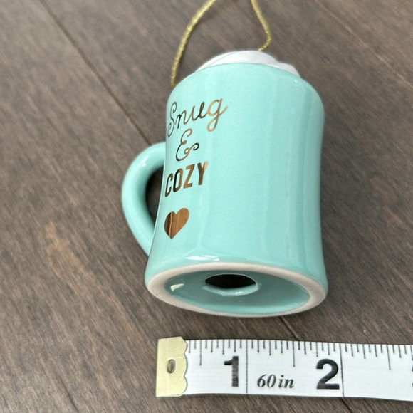 Ceramic Holiday Ornament, Teal Gold Coffee Mug Whipped Cream “Snug & Cozy” Heart - Picture 6 of 6
